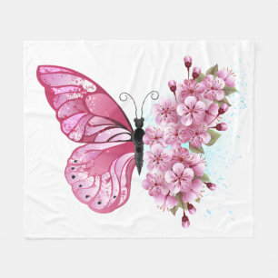 Flower Butterfly with Pink Sakura Fleece Blanket