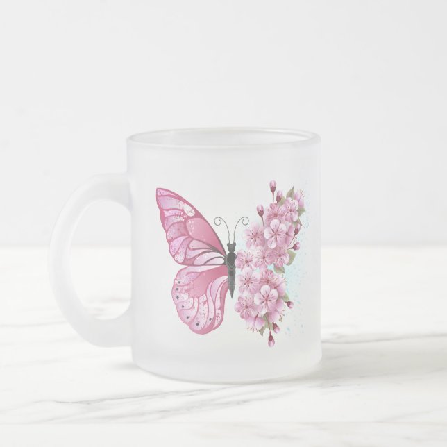 Flower Butterfly with Pink Sakura Frosted Glass Coffee Mug (Left)
