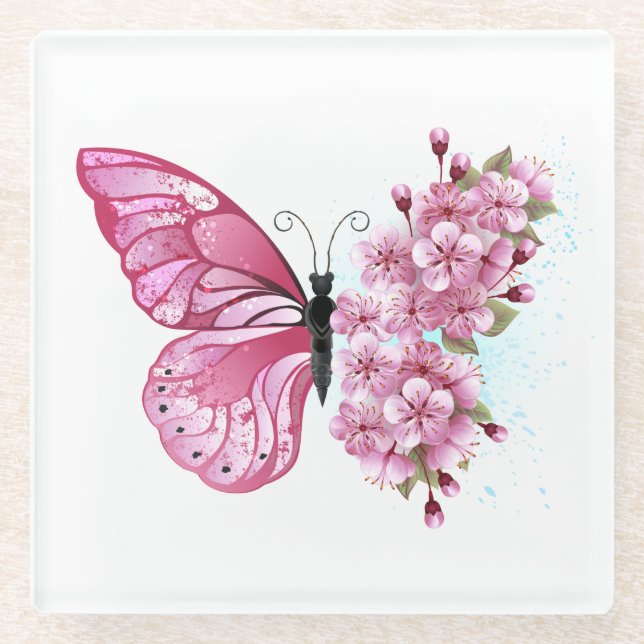 Flower Butterfly with Pink Sakura Glass Coaster (Front)