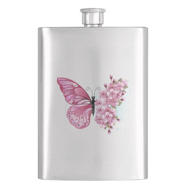 Flower Butterfly with Pink Sakura Hip Flask (Front)