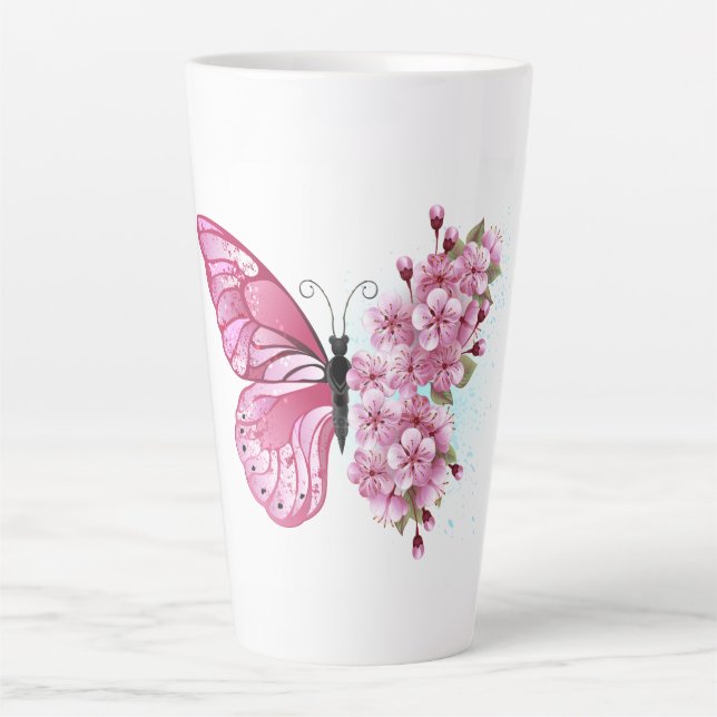 Flower Butterfly with Pink Sakura Latte Mug (Front)