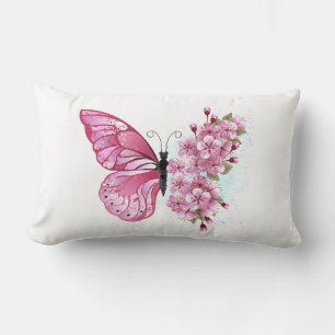 Flower Butterfly with Pink Sakura Lumbar Cushion