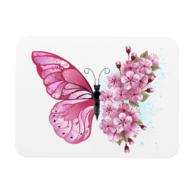 Flower Butterfly with Pink Sakura Magnet (Horizontal)