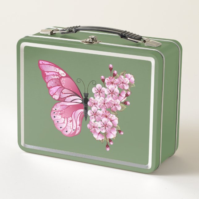 Flower Butterfly with Pink Sakura Metal Lunch Box (Front)