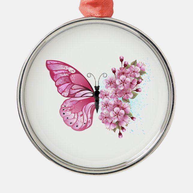 Flower Butterfly with Pink Sakura Metal Tree Decoration (Front)