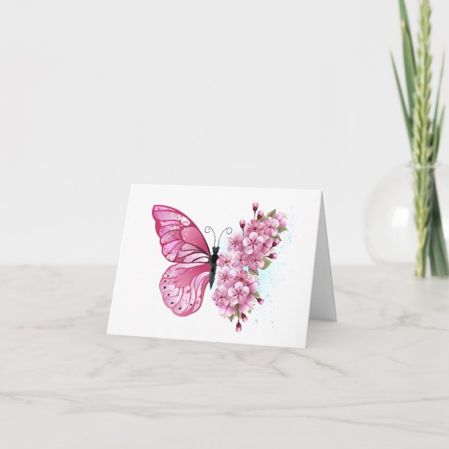 Flower Butterfly with Pink Sakura Note Card (Front)