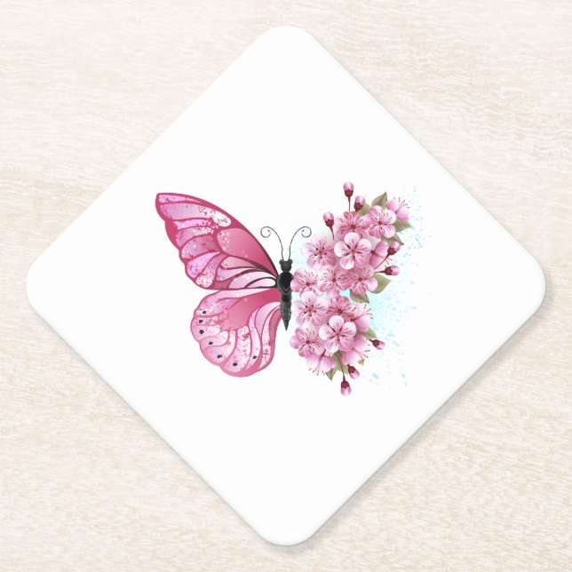 Flower Butterfly with Pink Sakura Paper Coaster (Front)