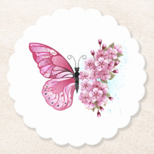 Flower Butterfly with Pink Sakura Paper Coaster