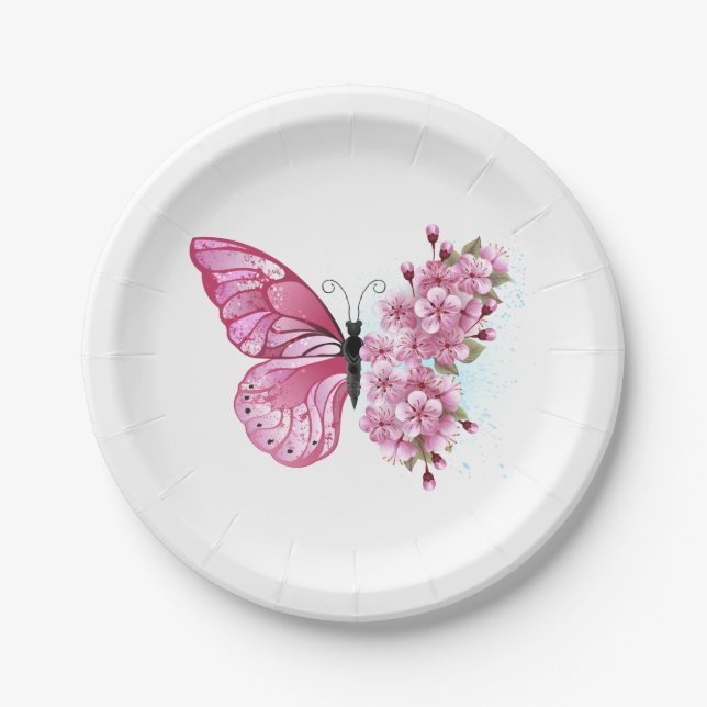 Flower Butterfly with Pink Sakura Paper Plate (Front)