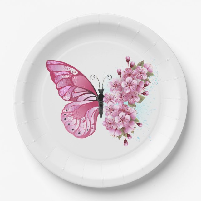 Flower Butterfly with Pink Sakura Paper Plate (Front)