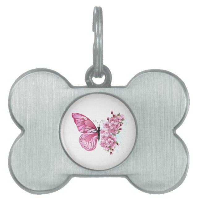 Flower Butterfly with Pink Sakura Pet ID Tag (Front)