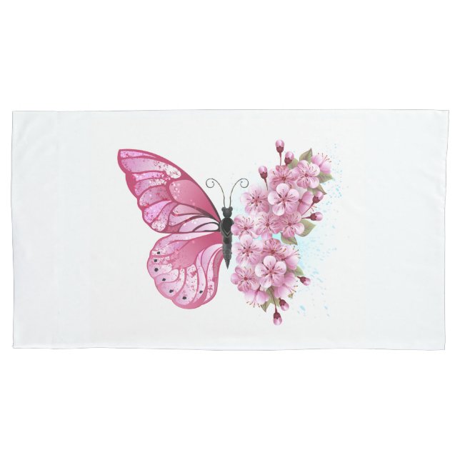 Flower Butterfly with Pink Sakura Pillowcase (Front-Left)