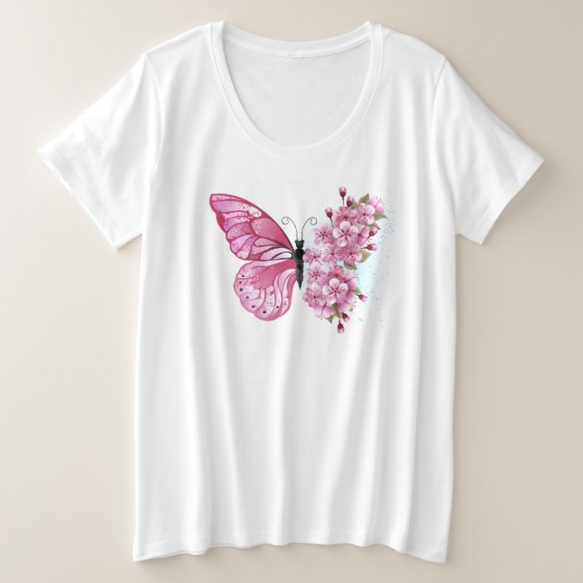 Flower Butterfly with Pink Sakura Plus Size T-Shirt (Design Front)
