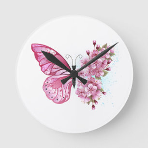 Flower Butterfly with Pink Sakura Round Clock