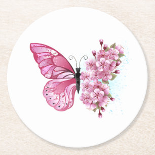 Flower Butterfly with Pink Sakura Round Paper Coaster