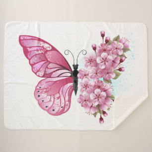 Flower Butterfly with Pink Sakura Sherpa Blanket