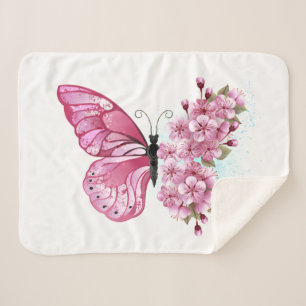Flower Butterfly with Pink Sakura Sherpa Blanket