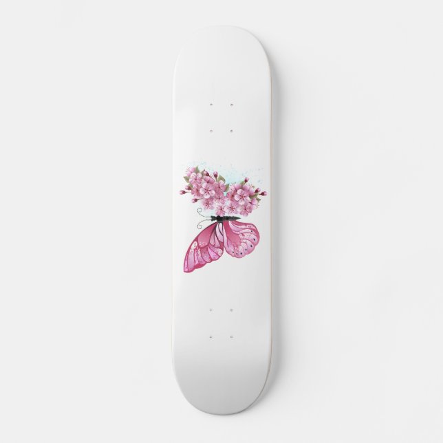 Flower Butterfly with Pink Sakura Skateboard (Front)