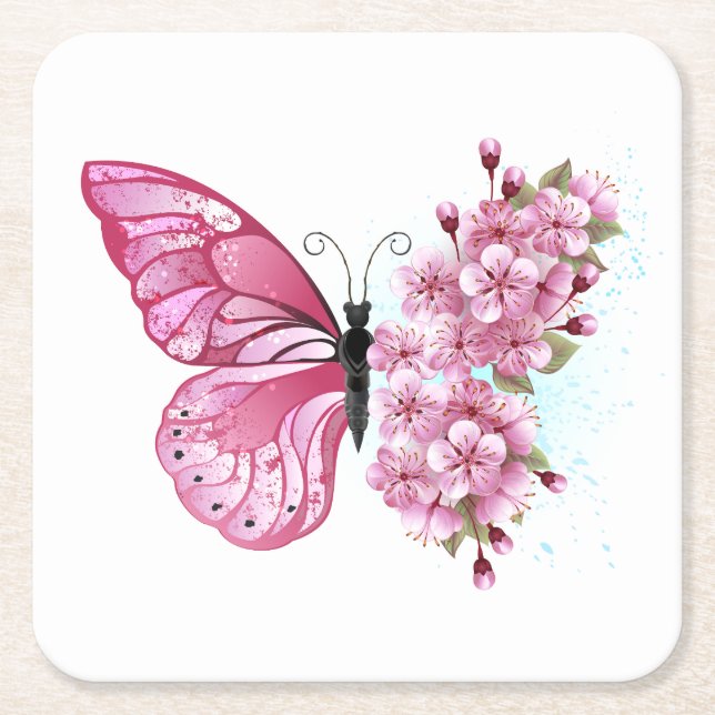 Flower Butterfly with Pink Sakura Square Paper Coaster (Front)