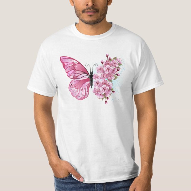 Flower Butterfly with Pink Sakura T-Shirt (Front)