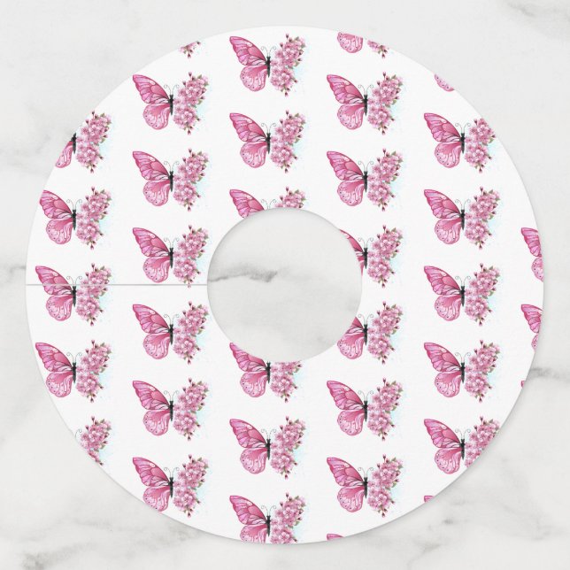 Flower Butterfly with Pink Sakura Wine Glass Tag (Front)