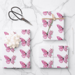 Flower Butterfly with Pink Sakura Wrapping Paper Sheet