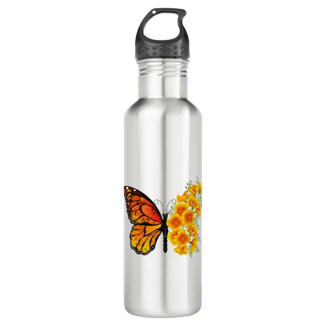 Flower Butterfly with Yellow California Poppy 710 Ml Water Bottle (Front)