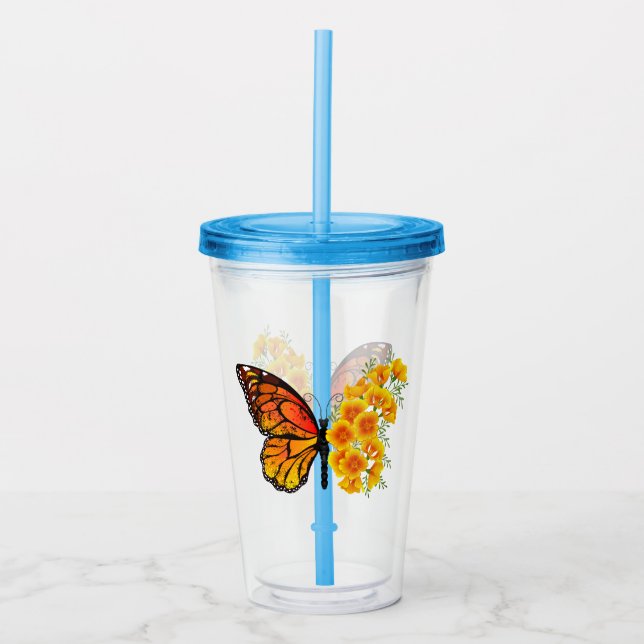 Flower Butterfly with Yellow California Poppy Acrylic Tumbler (Front)
