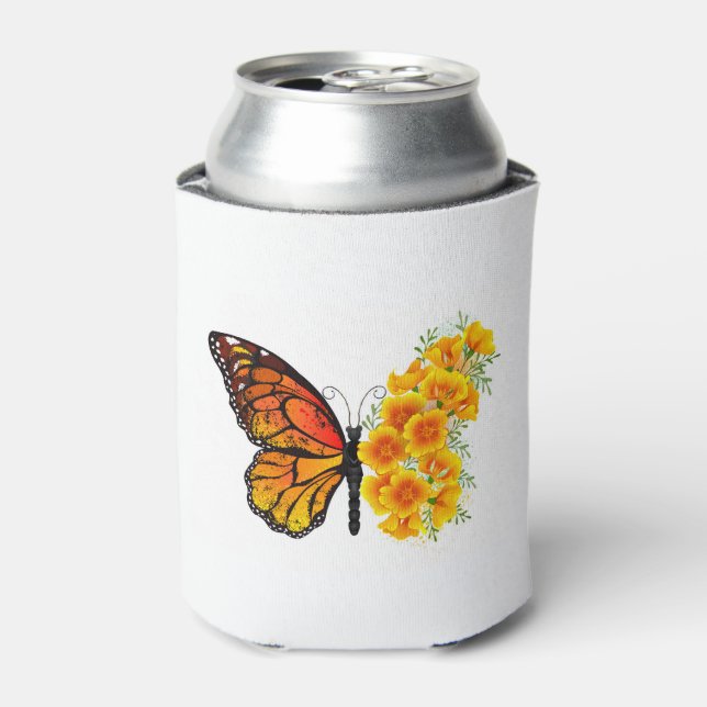 Flower Butterfly with Yellow California Poppy Can Cooler (Can Front)