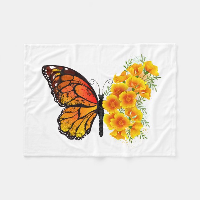 Flower Butterfly with Yellow California Poppy Fleece Blanket (Front (Horizontal))