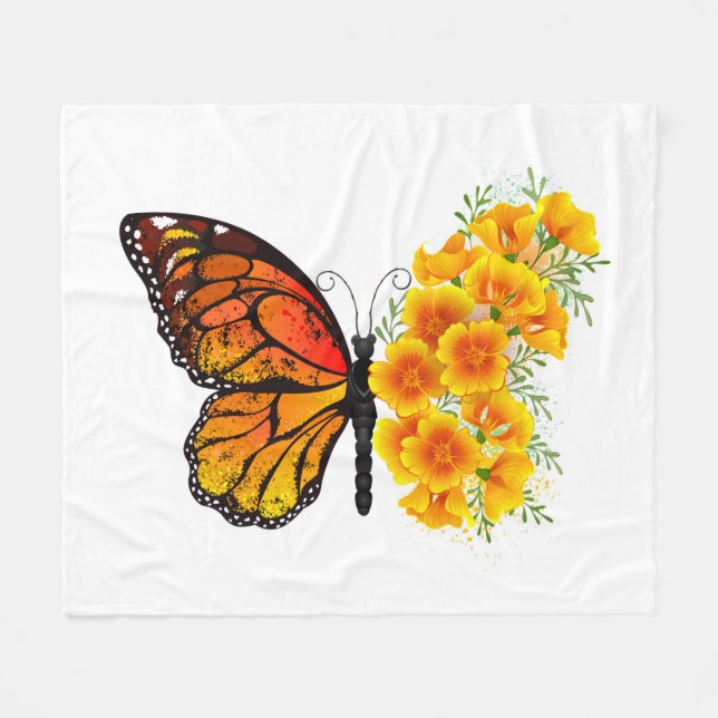 Flower Butterfly with Yellow California Poppy Fleece Blanket (Front (Horizontal))