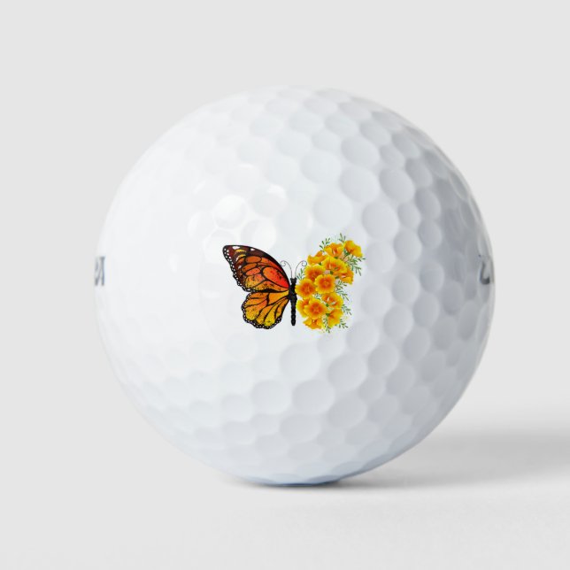 Flower Butterfly with Yellow California Poppy Golf Balls (Front)