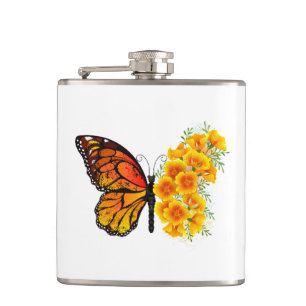 Flower Butterfly with Yellow California Poppy Hip Flask