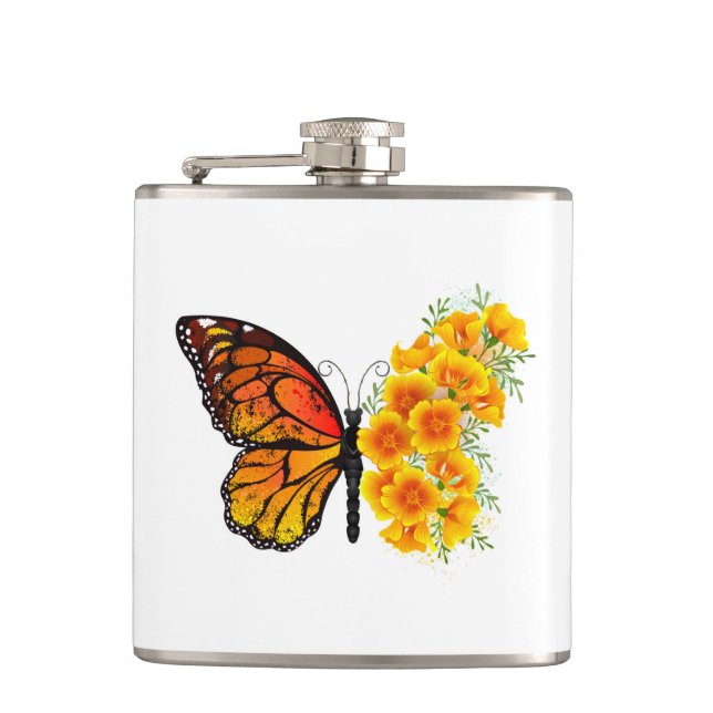 Flower Butterfly with Yellow California Poppy Hip Flask (Front)