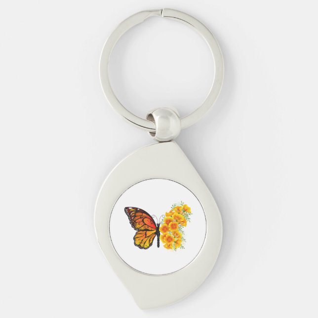 Flower Butterfly with Yellow California Poppy Key Ring (Front)