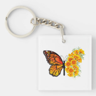 Flower Butterfly with Yellow California Poppy Key Ring