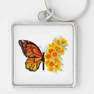 Flower Butterfly with Yellow California Poppy Key Ring