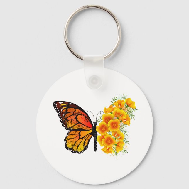Flower Butterfly with Yellow California Poppy Key Ring (Front)