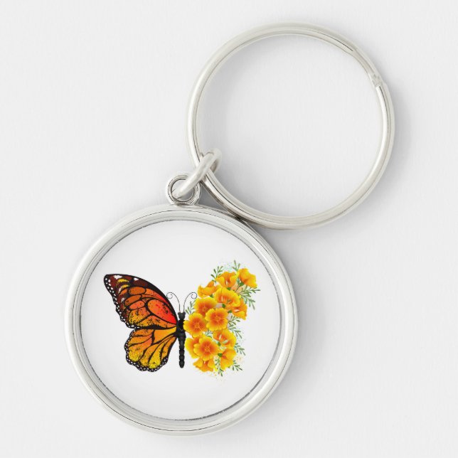 Flower Butterfly with Yellow California Poppy Key Ring (Front)
