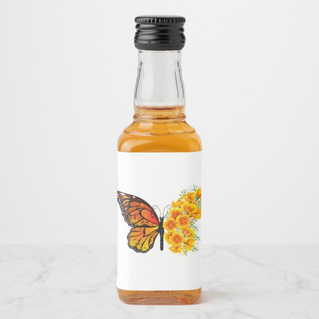Flower Butterfly with Yellow California Poppy Liquor Bottle Label (Front)