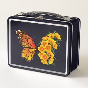 Flower Butterfly with Yellow California Poppy Metal Lunch Box