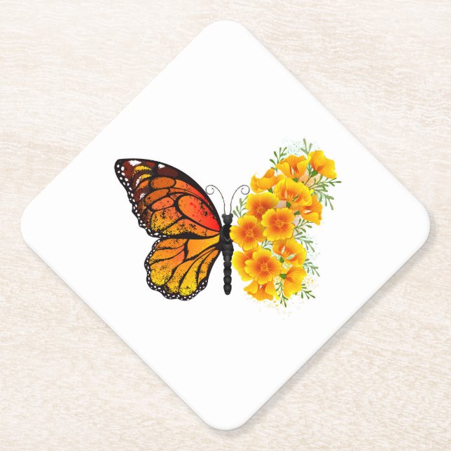 Flower Butterfly with Yellow California Poppy Paper Coaster (Front)