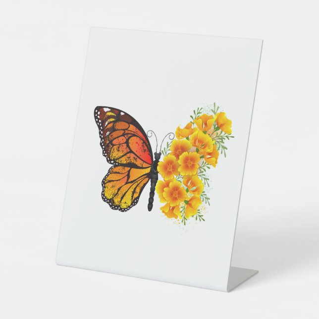 Flower Butterfly with Yellow California Poppy Pedestal Sign (Front)