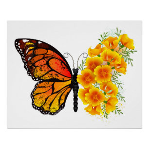 Flower Butterfly with Yellow California Poppy Poster