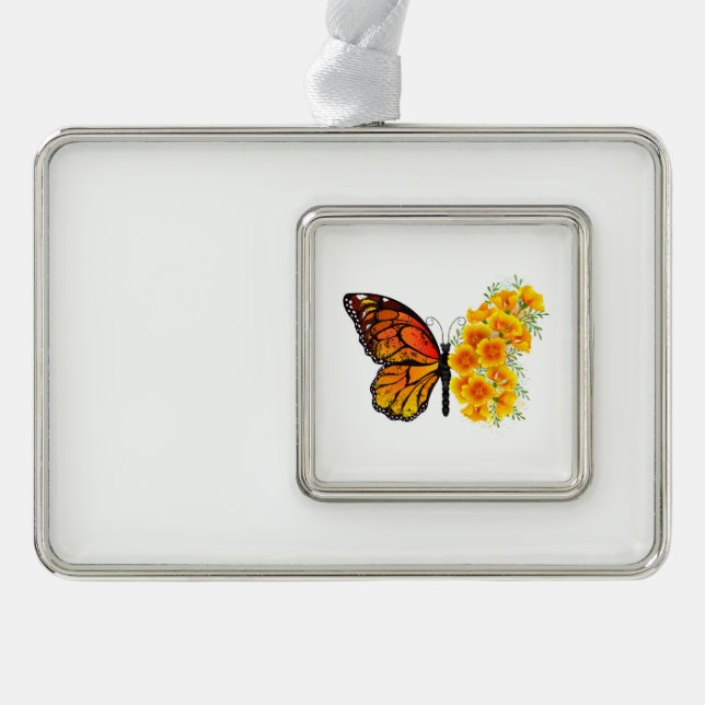 Flower Butterfly with Yellow California Poppy Silver Plated Framed Ornament (Front)