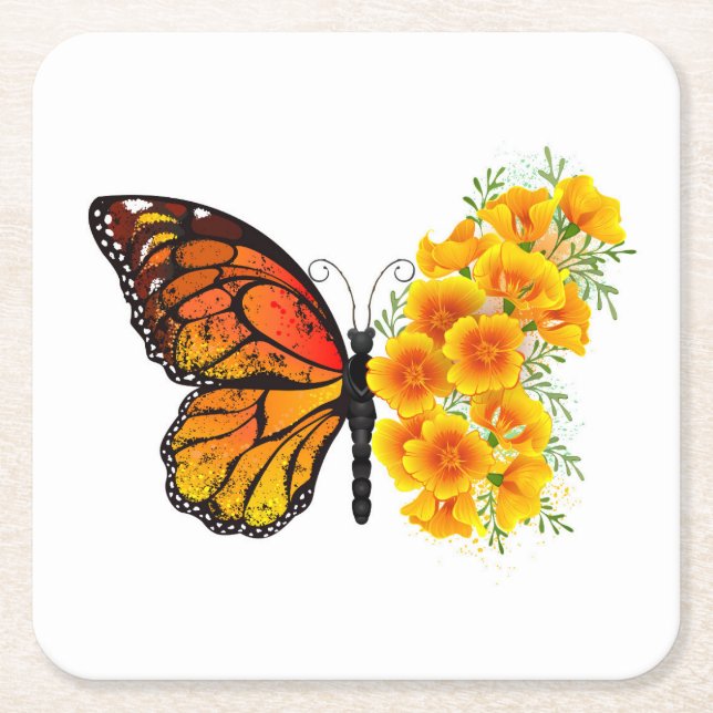 Flower Butterfly with Yellow California Poppy Square Paper Coaster (Front)