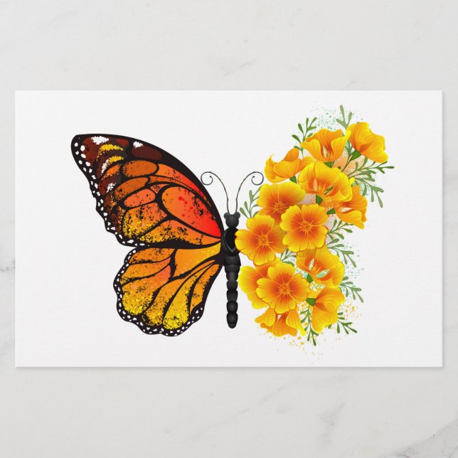 Flower Butterfly with Yellow California Poppy Stationery (Front)