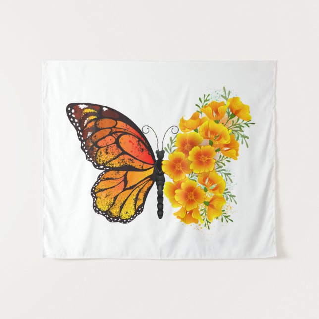 Flower Butterfly with Yellow California Poppy Tapestry (Front (Horizontal))