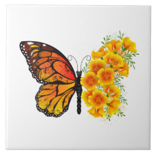 Flower Butterfly with Yellow California Poppy Tile