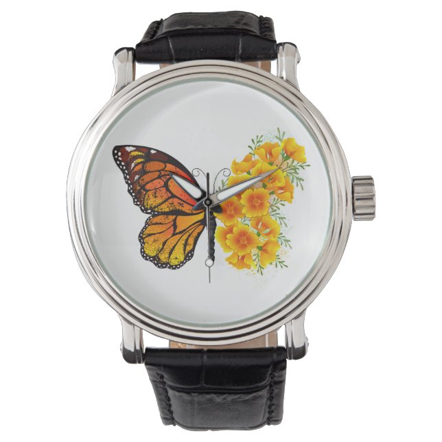 Flower Butterfly with Yellow California Poppy Watch (Front)